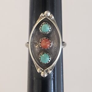 Vintage Navajo Shadow Box Turquoise Coral Sterling Silver Ring Sz 5.5